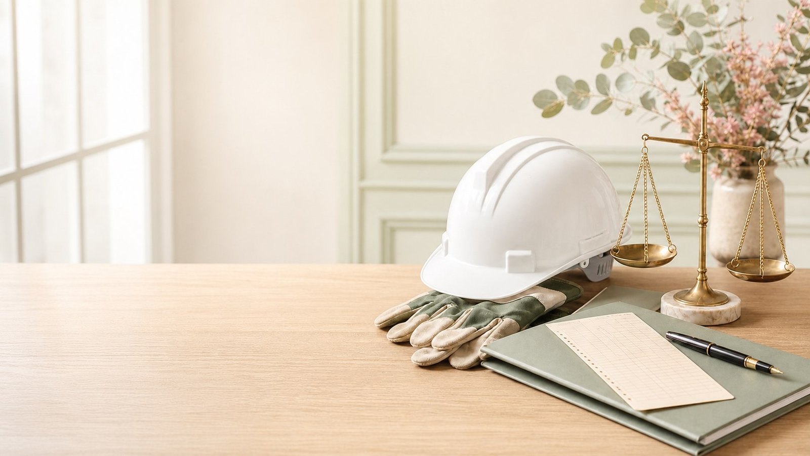 Casco, guantes de trabajo, documentación y balanza como símbolos del Derecho Laboral